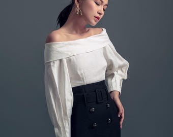 Off the Shoulder Linen Top - Long Sleeve Formal Linen Blouse - Casual Shirt for Women - Classic Linen Top