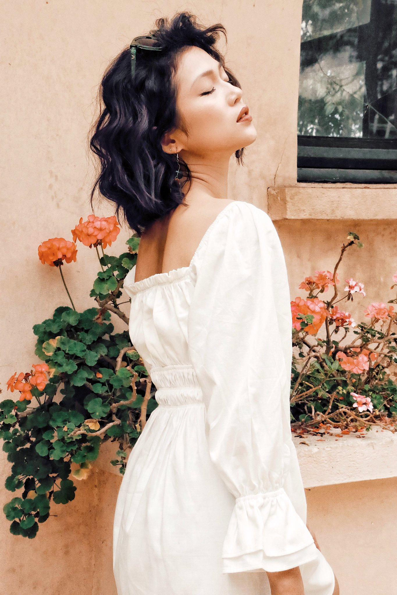 White Cotton Poplin Ruched Dress With Elastic Waist and