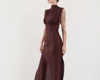 High Neck Linen Maxi Dress with Cutout Back, Chocolate Brown Pleated Bust Gown, Sophisticated Backless Gown, Quiet Luxury Linen Clothing