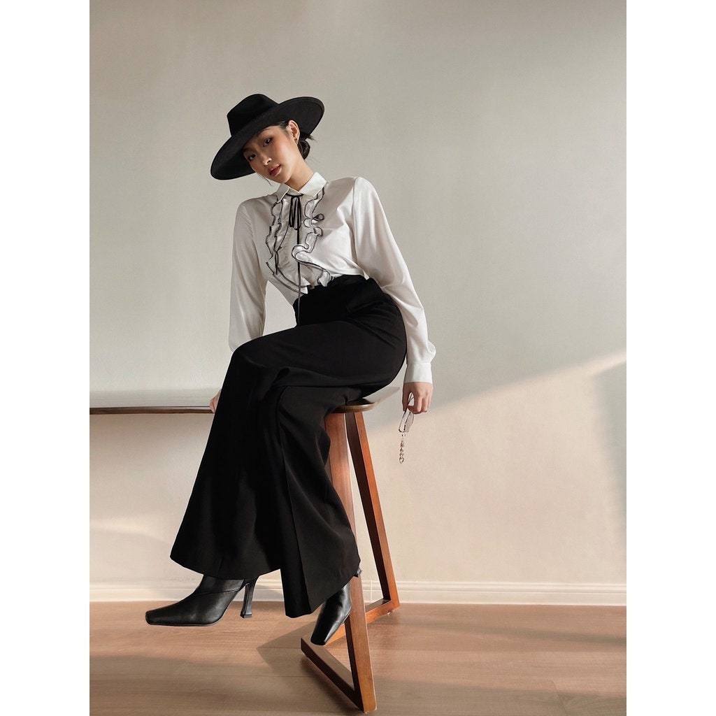 Ruffle Silk Blouse - Long Sleeve Women Blouse - White Button Up Shirt for women with Long Bishop Sleeves
