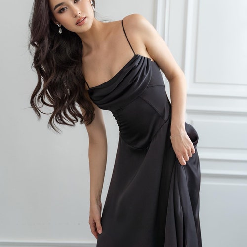 Black Silk Dress • Silk Maxi Dress • Evening Guest Dress • A line Sleeveless Tie Back Dress • Square Neck Maxi Dress • Bridesmaid Dress