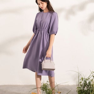 Drawtring Waist Midi Silk Dress with Peasant Sleeve and Crew Neckline in Purple