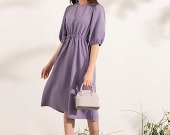 Wedding Guest Midi Dress, Summer Silk Dress, Loose Fitting Elegant Dress, Drawstring Waist Silk Dress with Puff Sleeve and Crew Neckline