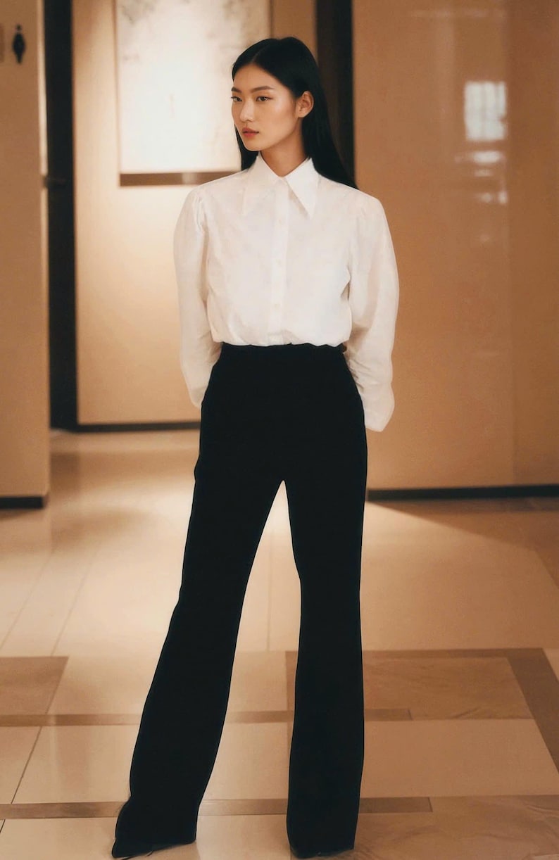 Puede incluir: Una mujer con una camisa blanca con mangas abullonadas y pantalones negros de cintura alta. El atuendo es de estilo cl&aacute;sico y minimalista, adecuado para diversas ocasiones. Los pantalones tienen un dise&ntilde;o de pierna ancha.