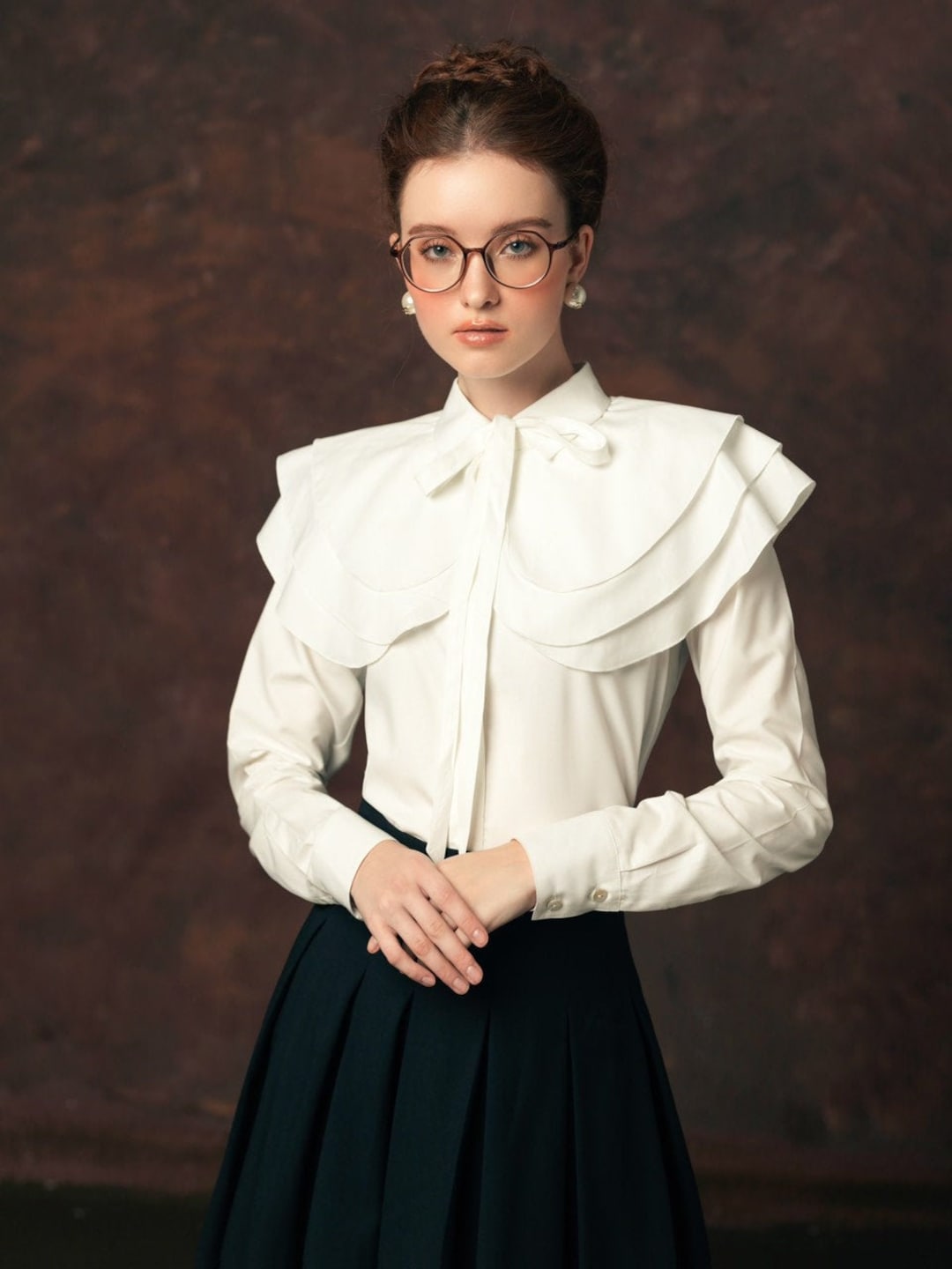 Bow Neck Women Blouse - Long Sleeves Women Shirt With Cape
