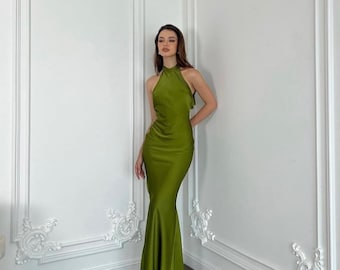 Godet Silk Dress in Moss - Maxi Pencil Dress - Bridesmaid Dresses - Silk Dress - Gift For Her - Wedding Guest Dress