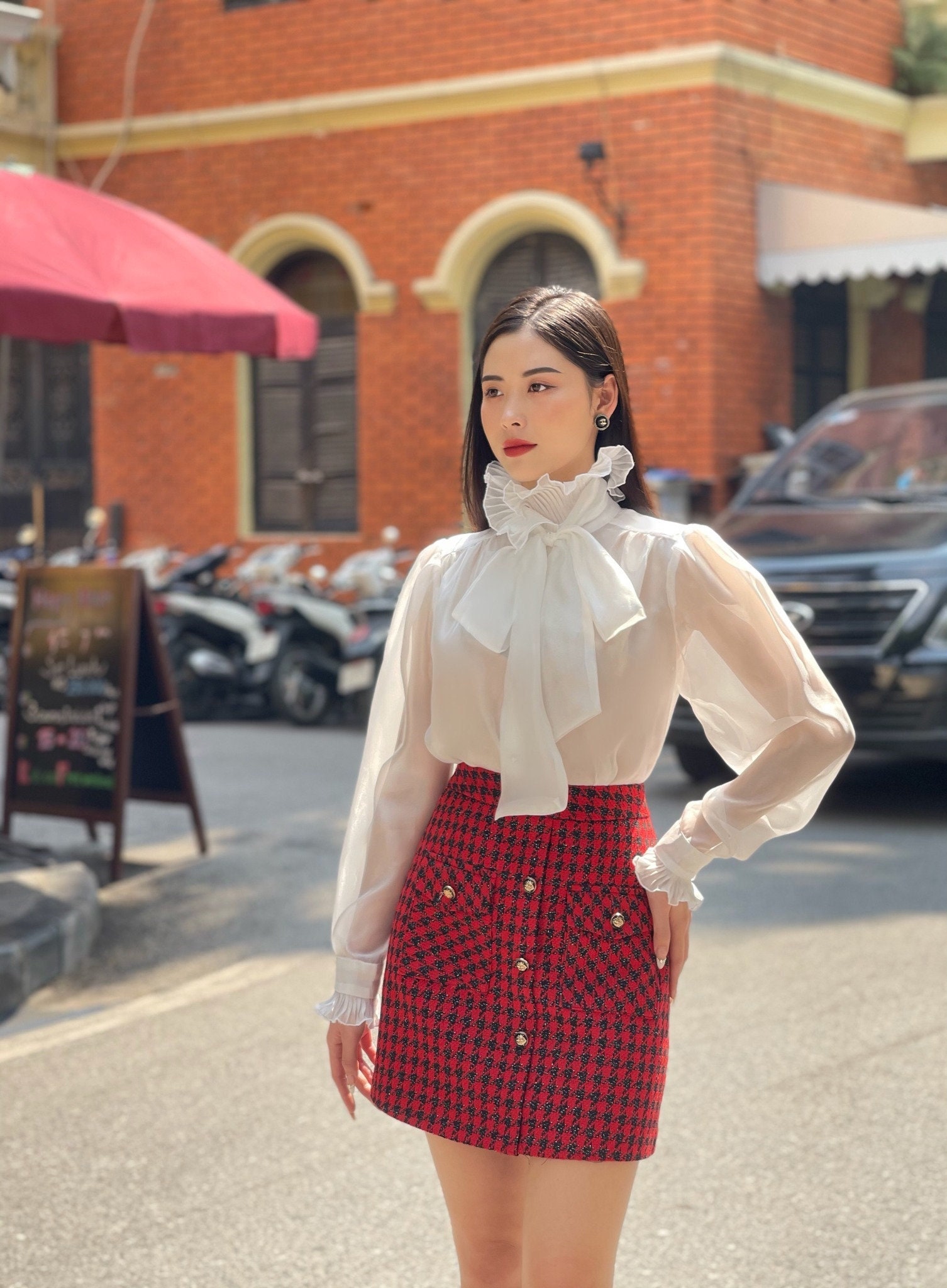 Vintage Organza Blouse with Long Sleeves - Big Tie Neck Blouse for Woman - Sheer Blouse