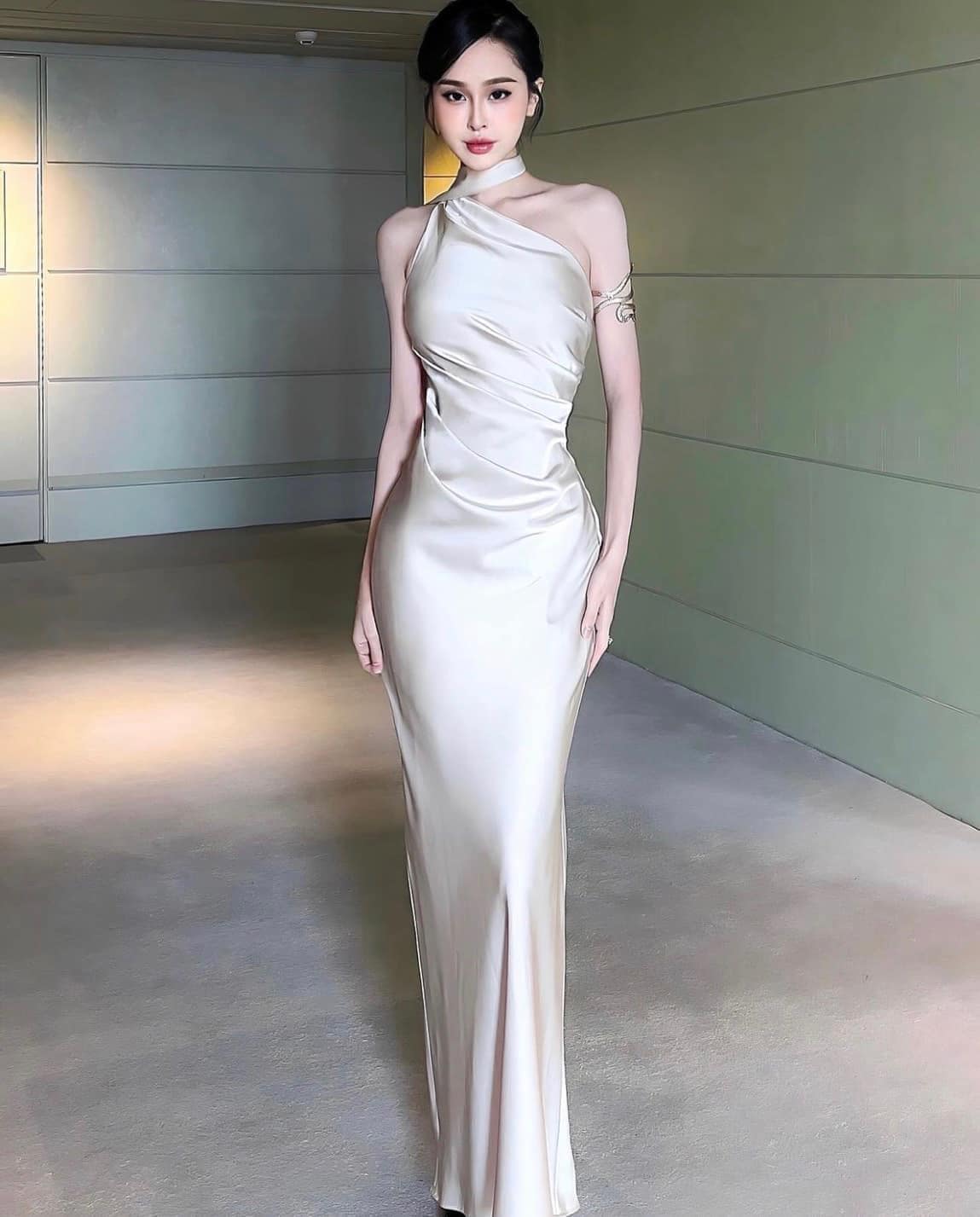 knee length dresses for ladies ZENDEYA Satin Draped Corset Midi Dress with Neck Scarf in Emerald Gree main image 1