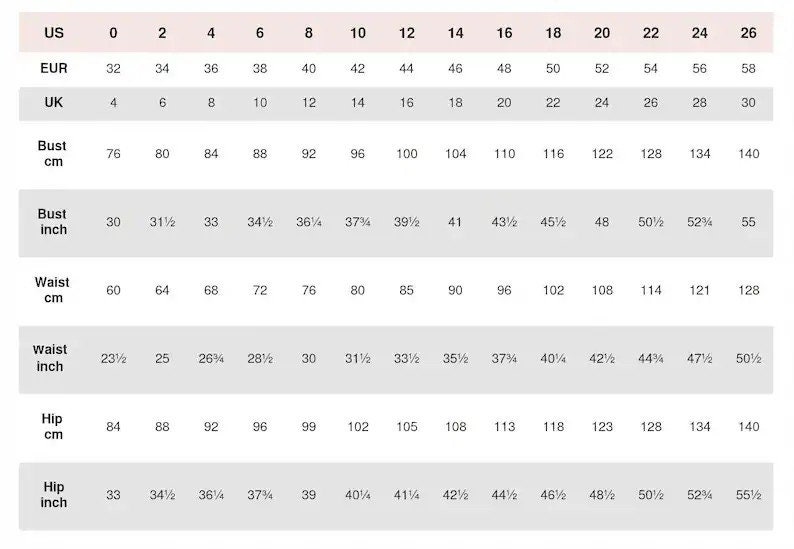 May include: Size chart showing measurements in centimetres and inches. Includes US, EUR, and UK sizes, with bust, waist, and hip measurements in inches and centimetres, ranging from size 4 to 30.