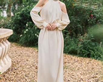 Halter neck maxi dress, Embellished collar gown, Elegant minimalist gown, Cold shoulder long dress, Garden wedding dress, Luxury flowy dress