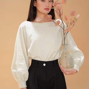 Loose Linen Top with Long Bishop Sleeves / Boat Neckline Linen Blouse