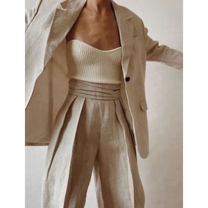 Women Linen Blazer With Flap Pockers - Linen Suit Set - Linen Single Breasted Blazer - Women Workwear