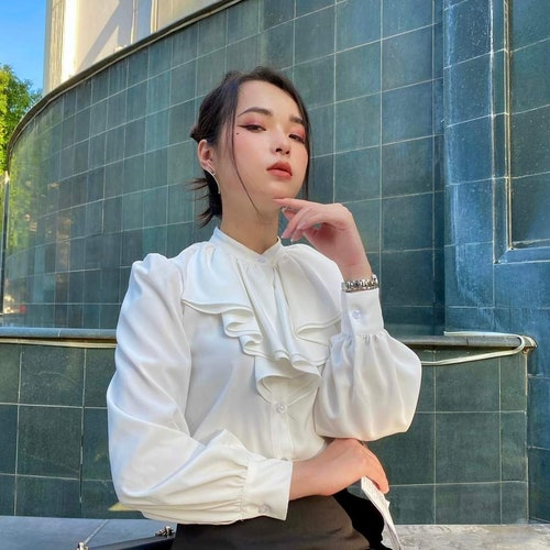 Jabot Collar Blouse - White Silk Top With Long Bishop Sleeves