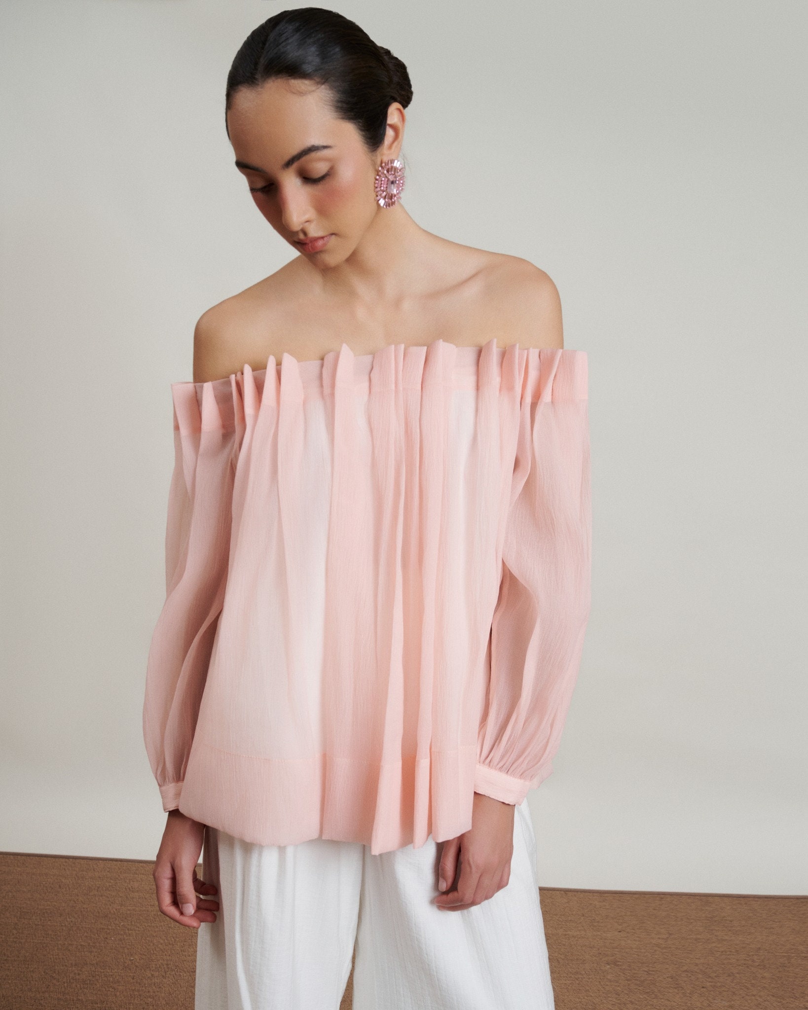 Off Shoulder Sheer Organza Blouse With Long Sleeves / Loose
