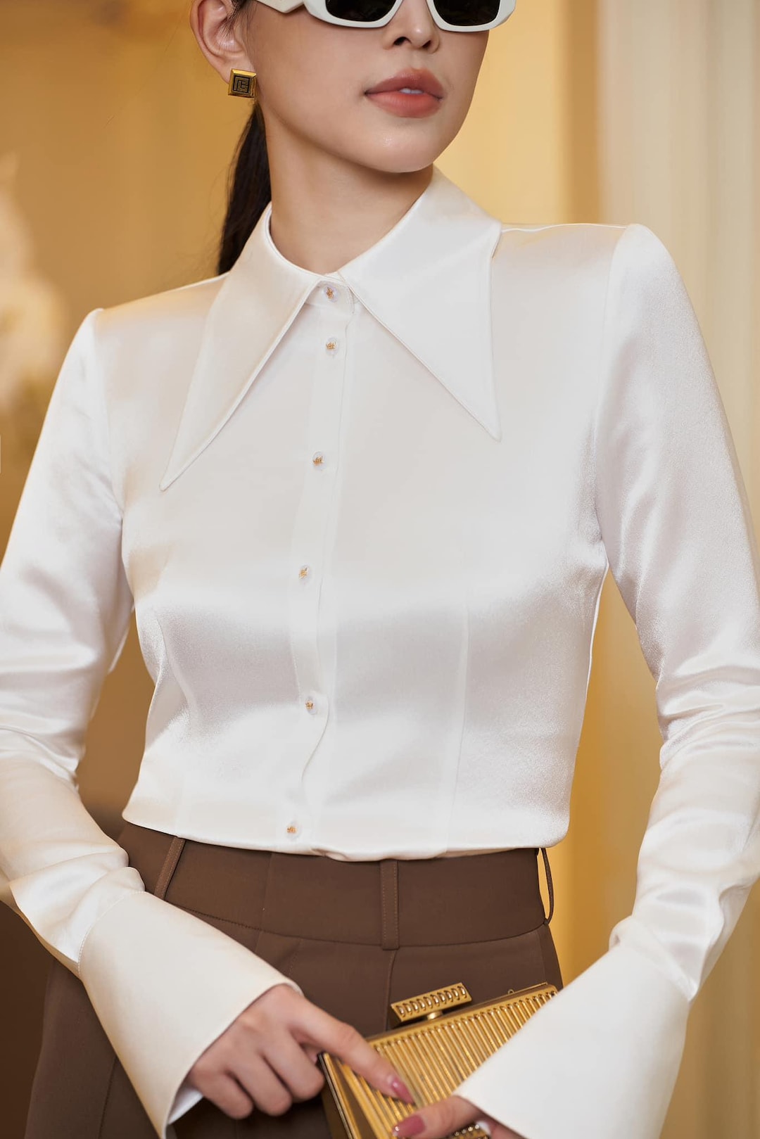 Big Pointed Collar Silk Shirt Women, Fitted White Blouse, Minimalist ...