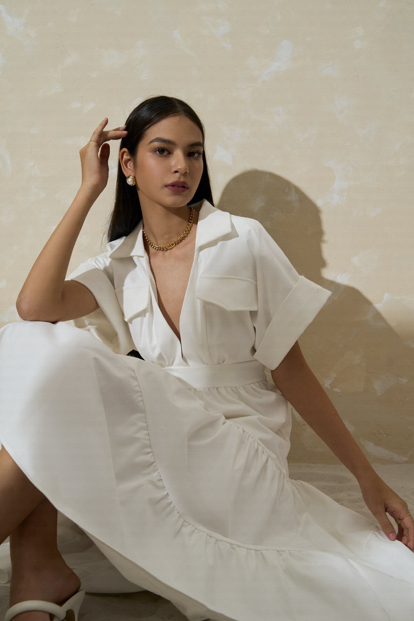 white tiered linen dress White Tiered Linen Dress with Pockets Ankle Length, V-Neck, Open Back, 3XL / Night Blue