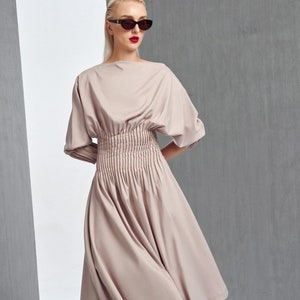 A-Line Pleated Midi Silk Dress with Side Pockets