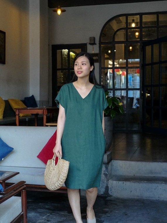 Simple Linen Short Sleeves Dress - V Neck Linen Tunic - Available in 50 Colors