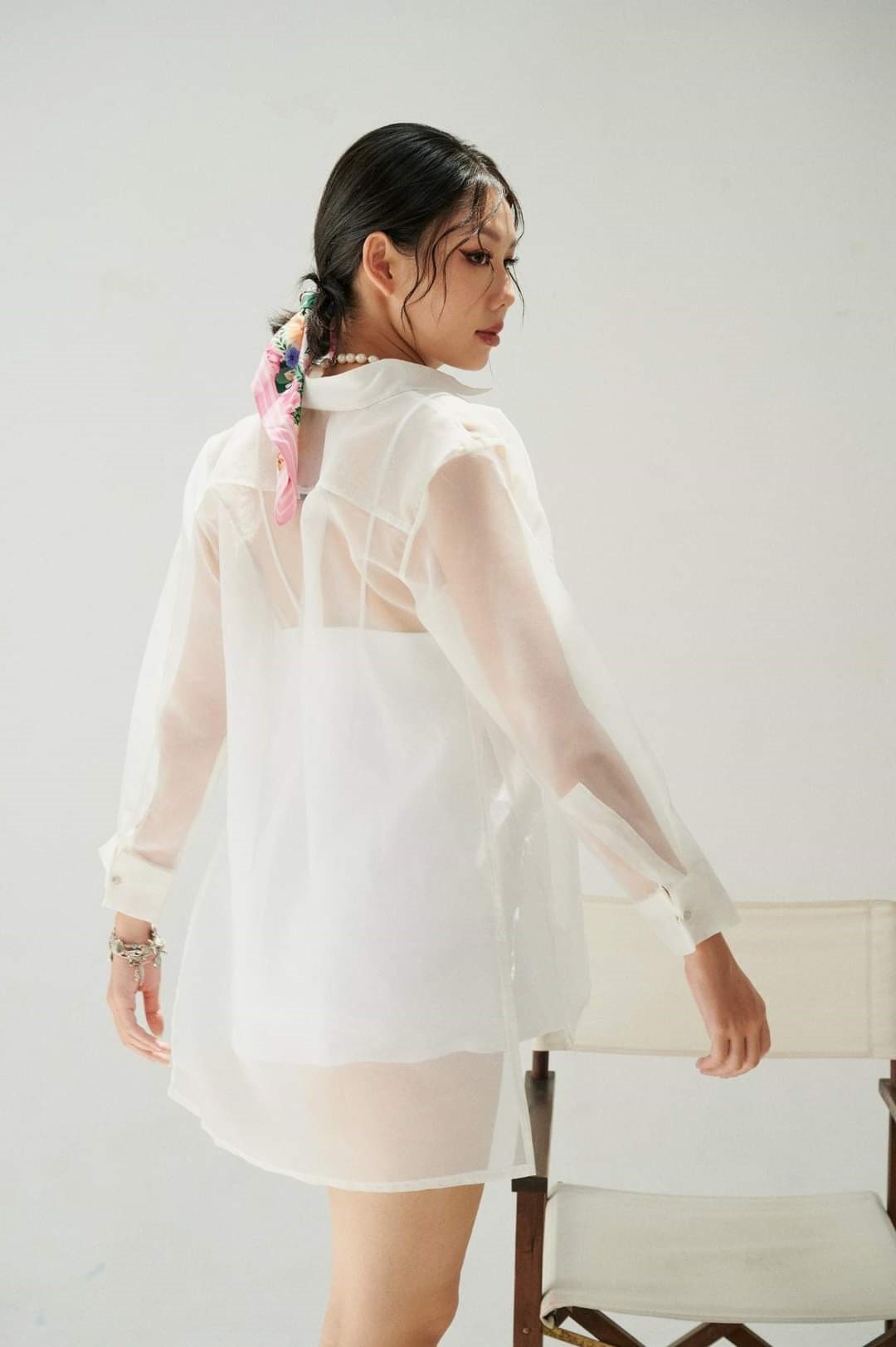 Sheer Organza Blouse With Long Bishop Sleeves & Cami Top for