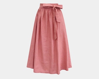 Loose Linen Midi Skirt with Ribbon / Available in 50 Colors