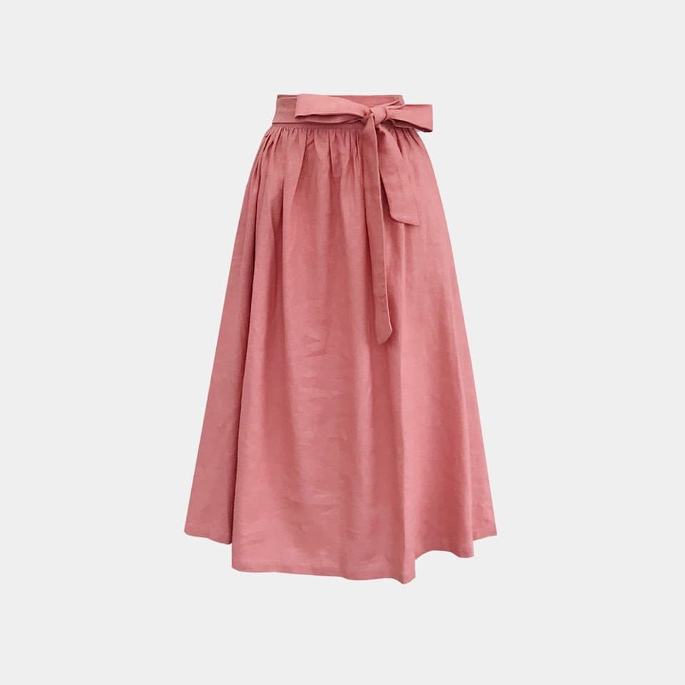 Loose Linen Midi Skirt With Ribbon/Available in 50 Colors