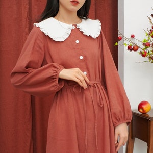Loose Linen A-line Dress in Midi Length with Detachable Tie / Contrast Color Linen Dress / Available in 50 Colors