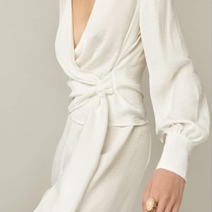 Tie Waist Silk Blouse with Bishop Long Sleeve in White image 4