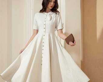 Short Sleeves Linen Shirt Dress - A line Linen Dress - Midi Linen Shirtdress