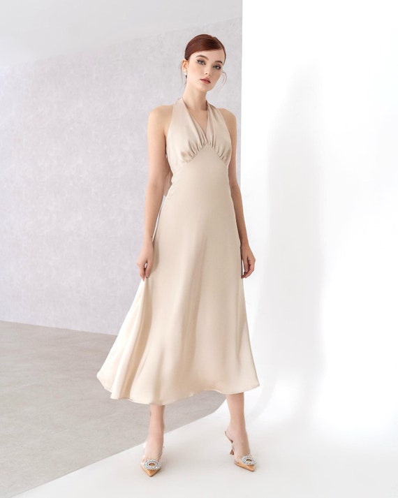 High Waist Silk Dress , Silk Halter Dress, Tie Neck Midi