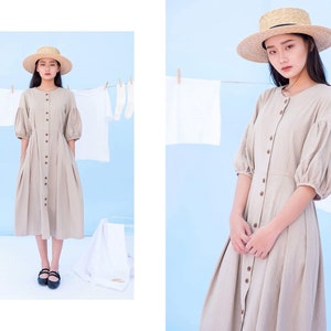 Loose Linen Summer Dress with Folded Details on the Front and Elastic Waist / Soft and Comfortable Dress / Available in 50 Colors