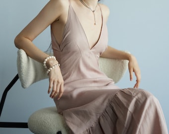 Linen Slip Dress, Deep V Neck Maxi Dress for Wedding Guest, Summer Boho Linen Clothing, Minimalist Ruffle Hem Sun Dress, Bridesmaid Gown
