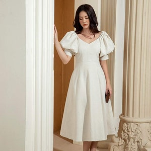 Short Sleeves Linen Dress - V Neck A line Linen Dress - Midi Linen Dress with Puff Sleeves