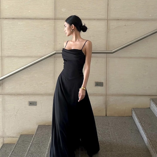 chinese dress ladies Black Long Appliques Prom Dress with Spaghetti Straps – FancyVestido main image 1
