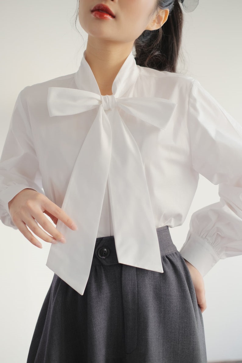 Damesblouse met lange mouwen - lint damesblouse - dameshemd met vlinderstrik - coltrui afbeelding 6