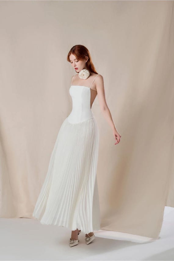 Lace White Dress With Pleated Skirt Silk Bodice Dress With Sheer Pleated Skirt Custom Fit Spaghetti Lace White Dress With Pleated Skirt Silk Bodice Dress With Sheer Pleated Skirt Custom Fit Spaghetti