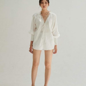 Loose Linen Top with Long Bishop Sleeves / V Neck Linen Blouse / Available in 50 Colors