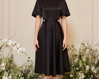 Wedding Guest Midi Silk Dress with Short Sleeve and Crew Neckline in Black - High Waist Simple Silk Dress - Casual Office A Line Dress