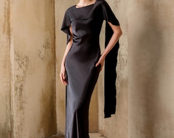 Elegant Black Silk Evening Gown - Asymmetric Cape Sleeve Maxi Dress for Formal Events - Minimalist Backless Red Carpet Dress