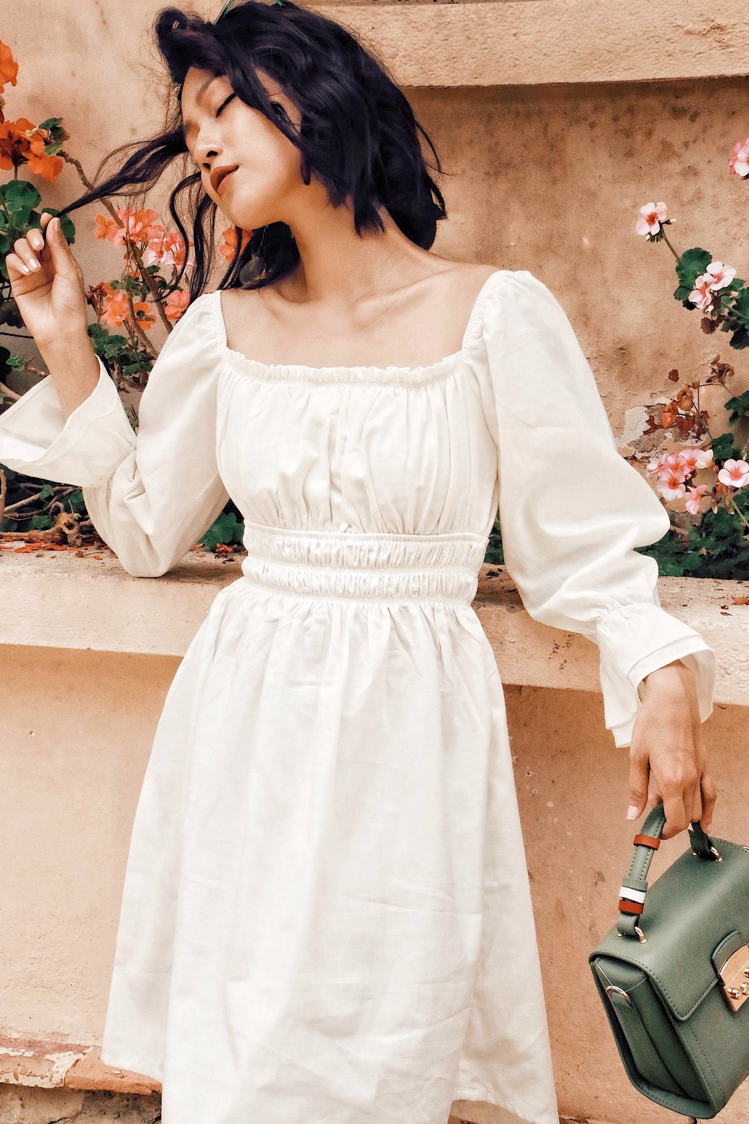 White Cotton Poplin Ruched Dress With Elastic Waist and