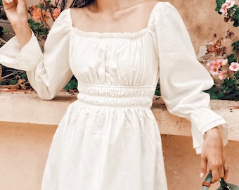 White Cotton Poplin Ruched Dress with Elastic Waist and Flare Sleeves - Pleated Poplin MIDI Dress with Square Neckline and Bishop Sleeves