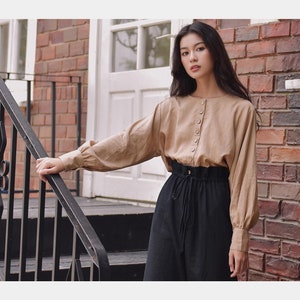 Loose Linen Blouse with Bishop Long Sleeves and Front Buttons / Linen Set of 2: Top & Pants / Available in 50 Colors