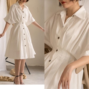 Linen Shirtdress - Linen Pleated Dress - Cotton Half Sleeves Dress