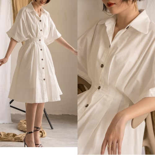 Linen Shirtdress Linen Pleated Dress Cotton Half Sleeves - Etsy