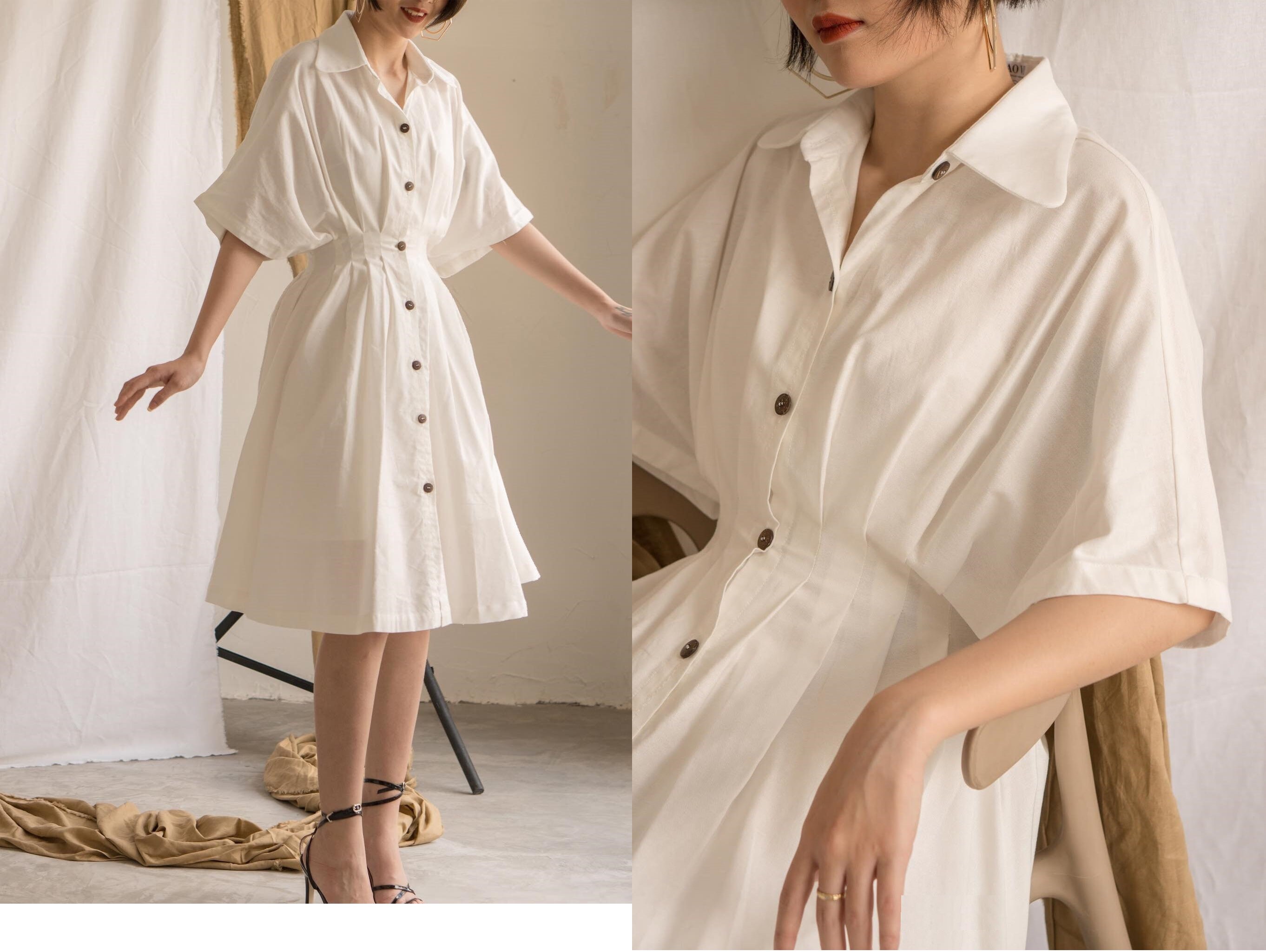 Linen Waist Draped Pleated Dress