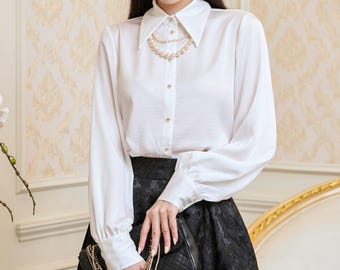 Silk Long Bishop Loose Fitting Shirt For Women - Office Blouse Top - Casual Button Up Shirt