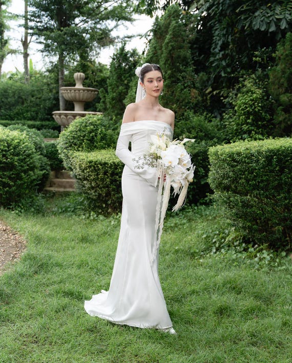 classic civil wedding dress Dress, Off Shoulder Dress, Minimalist Wedding Dress, Wedding Dress, with Train, Evening Gown, Event Silk Dress civil ceremony simple white dress for civil wedding