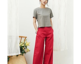 Linen Culottes in MAXI length / Wide Leg Maxi Pants / Linen Culottes with Front Pleats and Elastic Back / Linen Wide Palazzo Pants