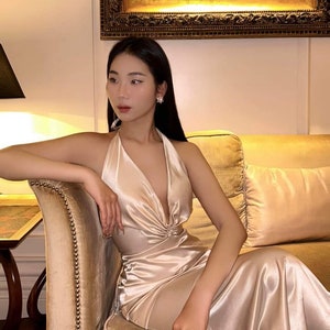 Stylish Brown Tasseled Backless Silk Halter Dress Summer main image 0