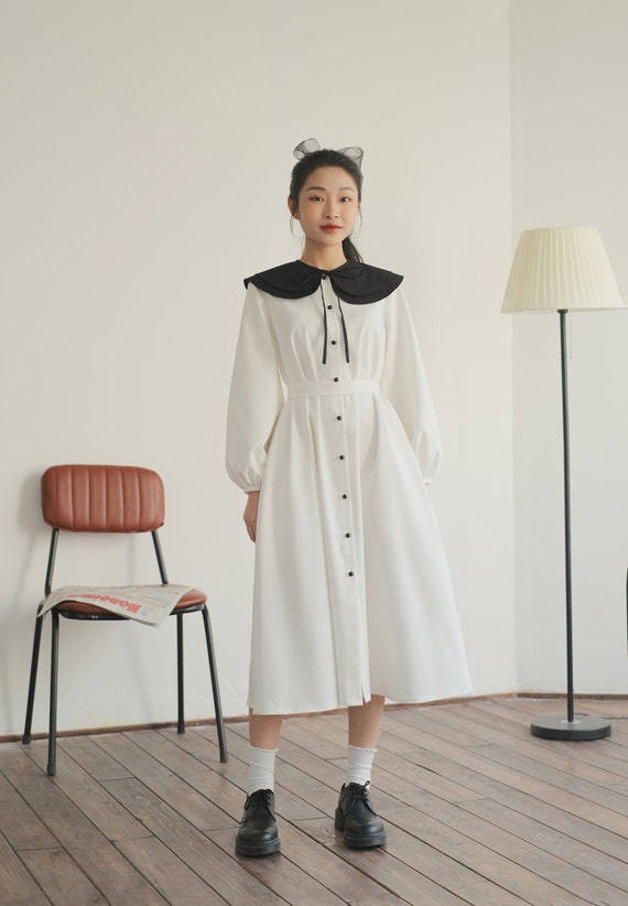 white dresses with black shoes Linen Shirt Dress Long Bishop Sleeves and Peter Pan Collar - A-line Linen Shirtdress - Women MIDI / MAXI Dress Color:Canary YCRF_clothing a line ball gown