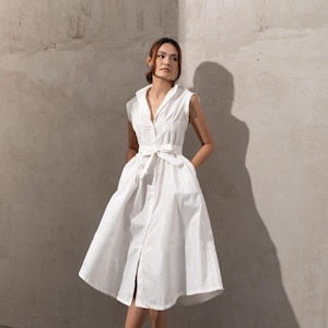 Sleeveless Front Button A-line Linen Dress - Collared Linen Midi Dress in White Available in 50 Colors